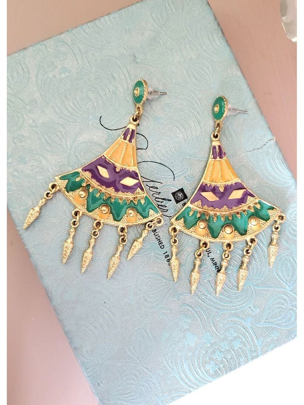 Vintage Gold-tone Enamel Fan Dangle Earrings
